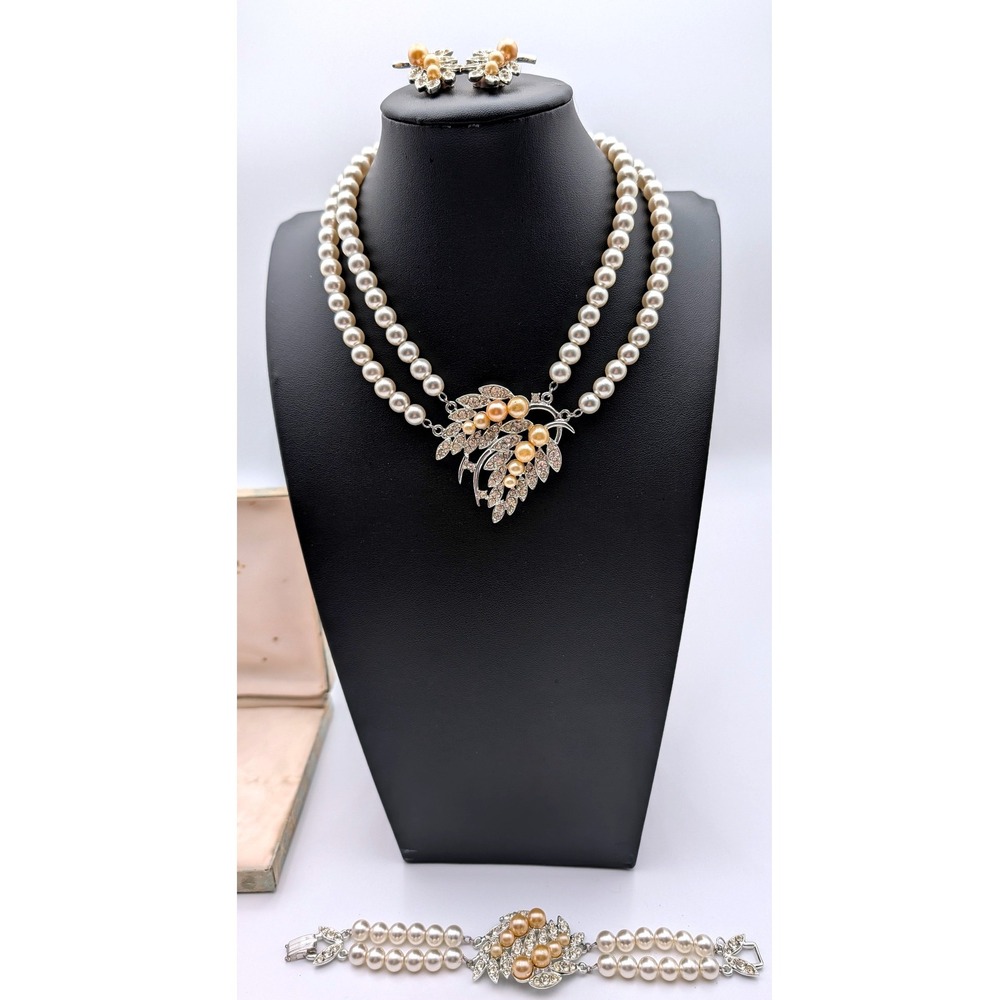 Vintage Emmons Faux Pearl Rhinestone Necklace Bracelet Earring Set Silver Tone